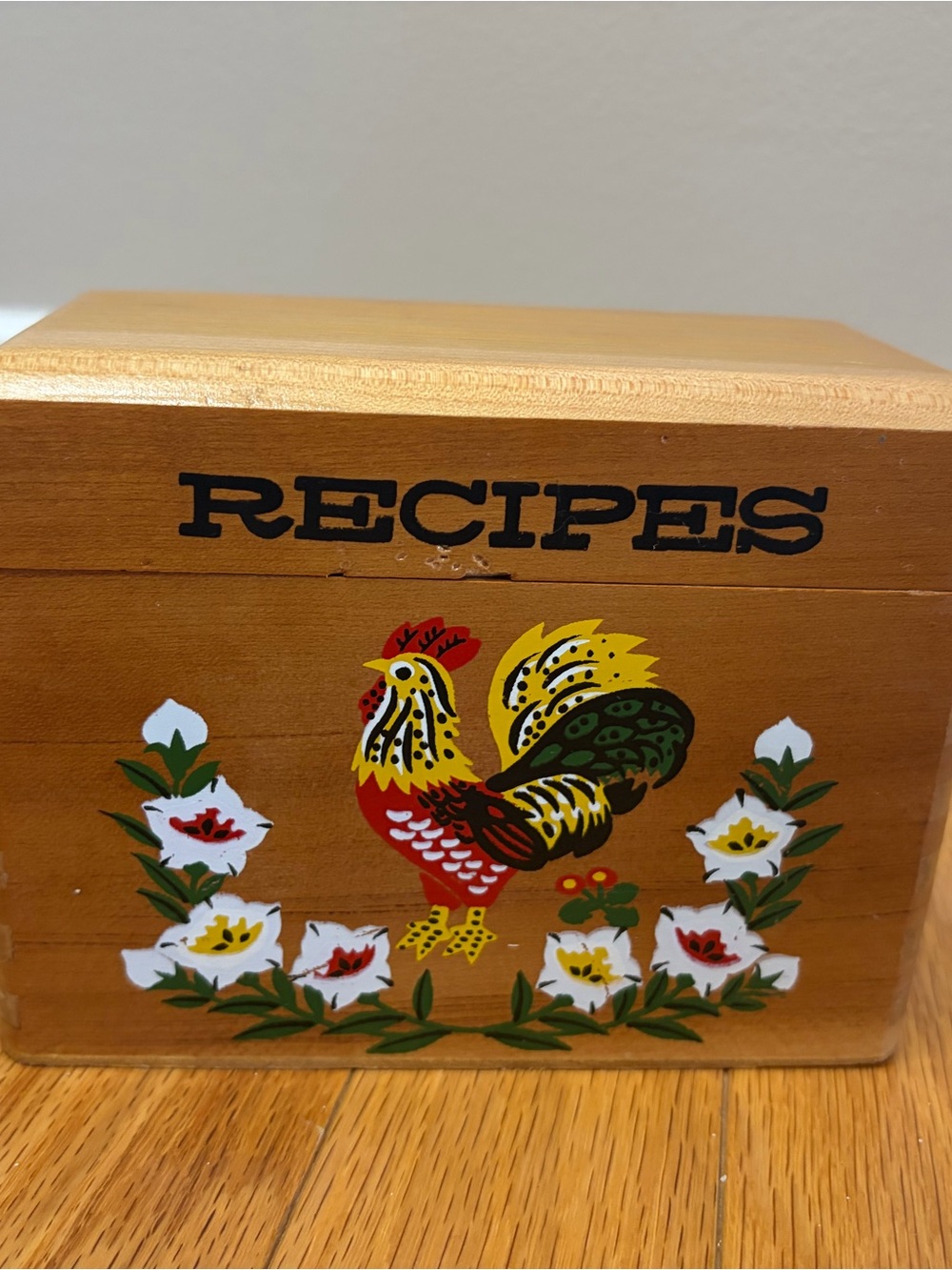 Mid-century Wooden Recipe Box with Colorful Rooster Design